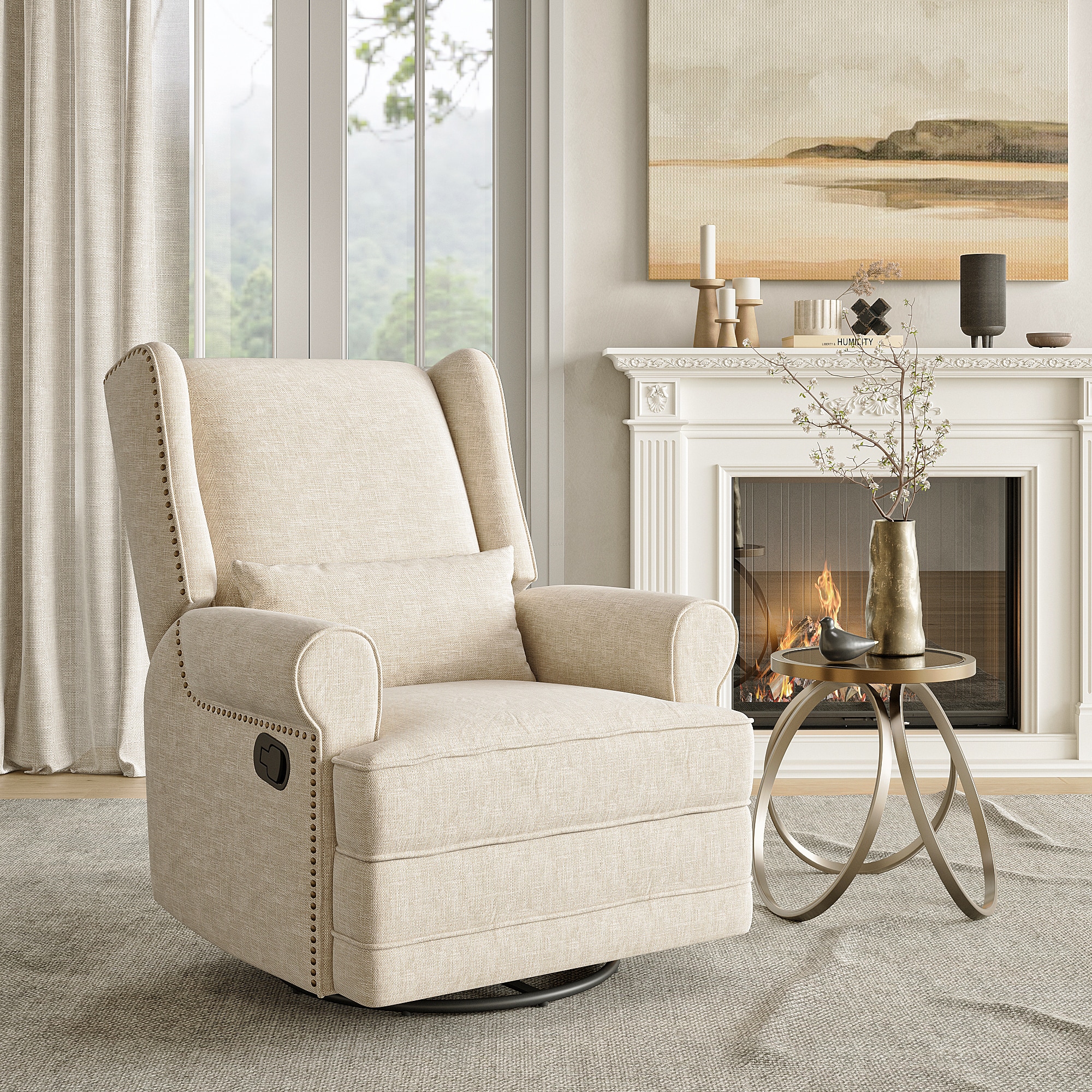Swivel Recliner Chair, Comfy Glider Rocking Chairs With Lumbar Pillow And Footrest, Upholstered Swivel Rocking Chair For Bedroom,Nursery, Beige_voghion.com